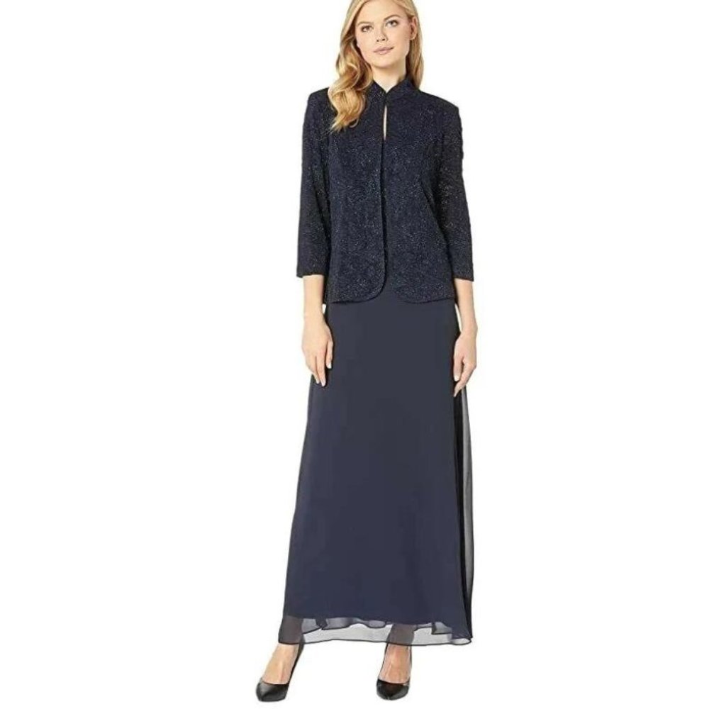 Alex Evenings Size 8 Navy Blue Mandarin Collar Jacket MOB Maxi Dress